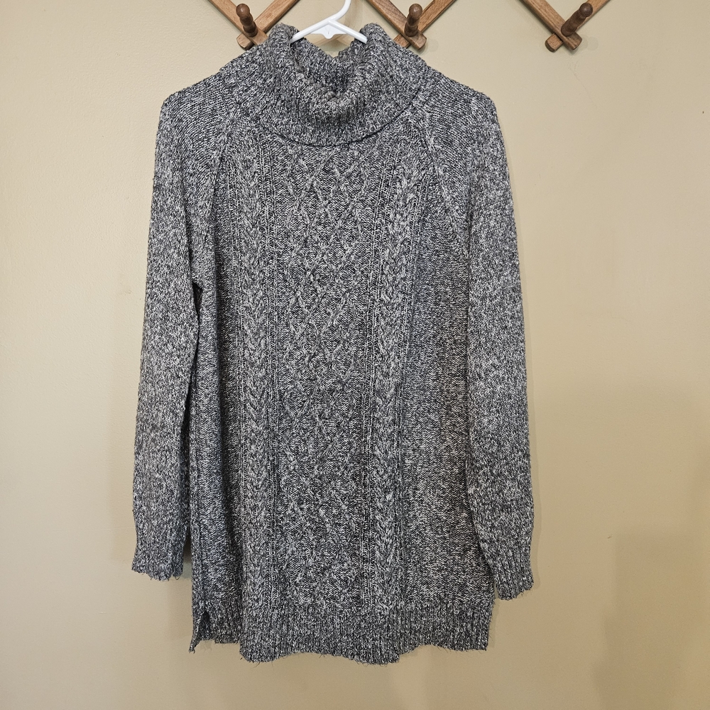 CHAPS Heather Gray Cable Knit Cowl Neck Tunic Sweater Large Cozy Cotton Blend